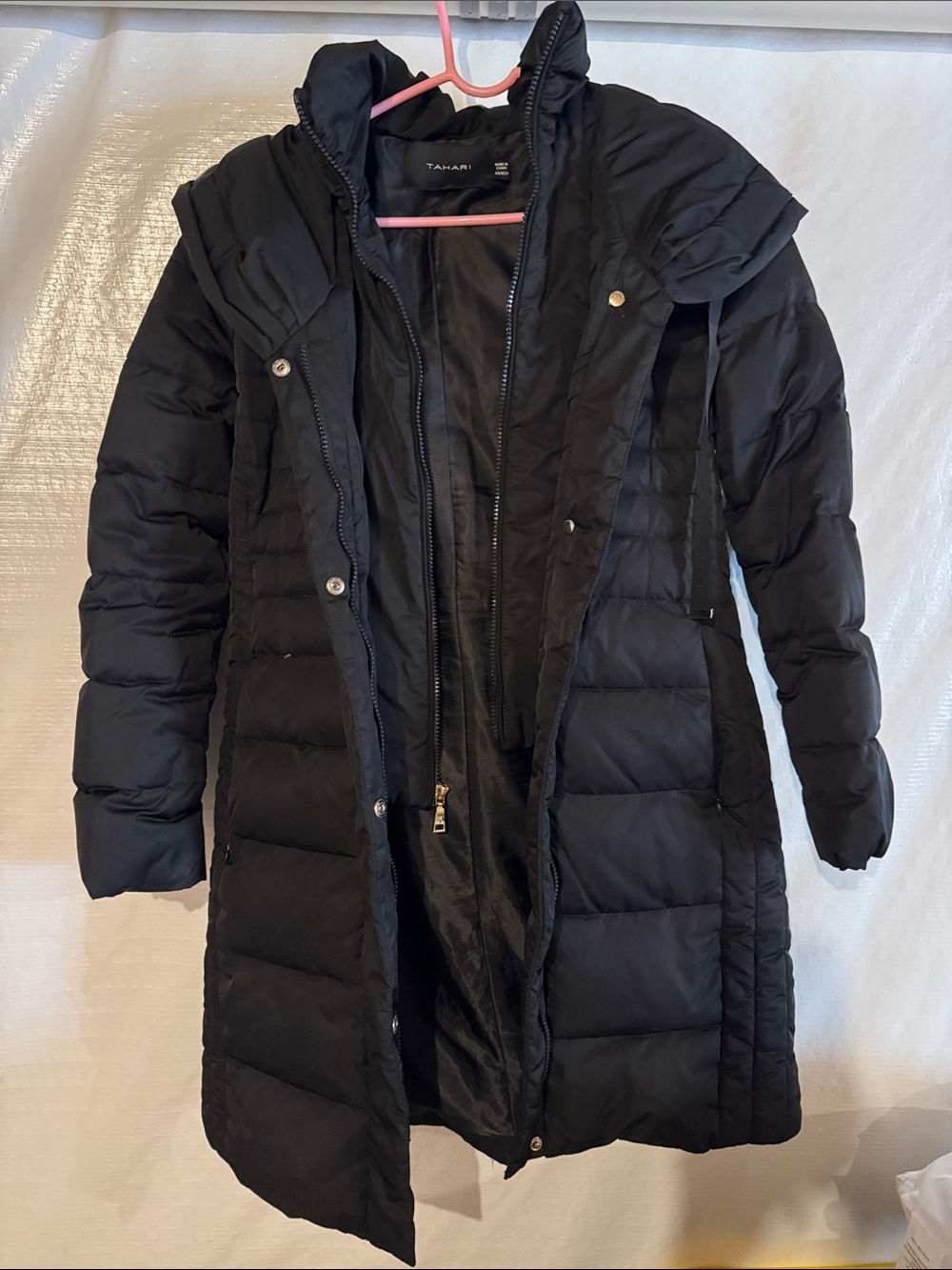 Tahari Black Quilted Long Puffer Coat
